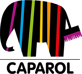 Caparol logotyp - en elefant i svart med flerfärgade linjer och en pensel i ena handen, med texten 'CAPAROL' under.