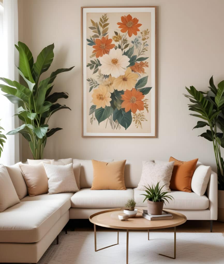 Ljust vardagsrum med vit hörnsoffa, orange och beige kuddar, stort blomsterporträtt på väggen och gröna växter vid sidorna.
