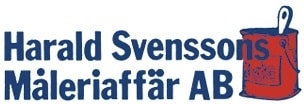 Logotyp för Harald Svenssons Måleriaffär AB med blå text och en röd färgburk med pensel.