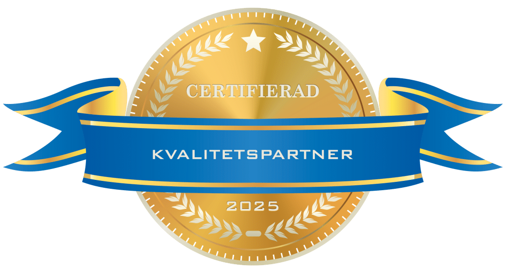 Emblem i guld och blått med texten 'Certifierad Kvalitetspartner 2025'.