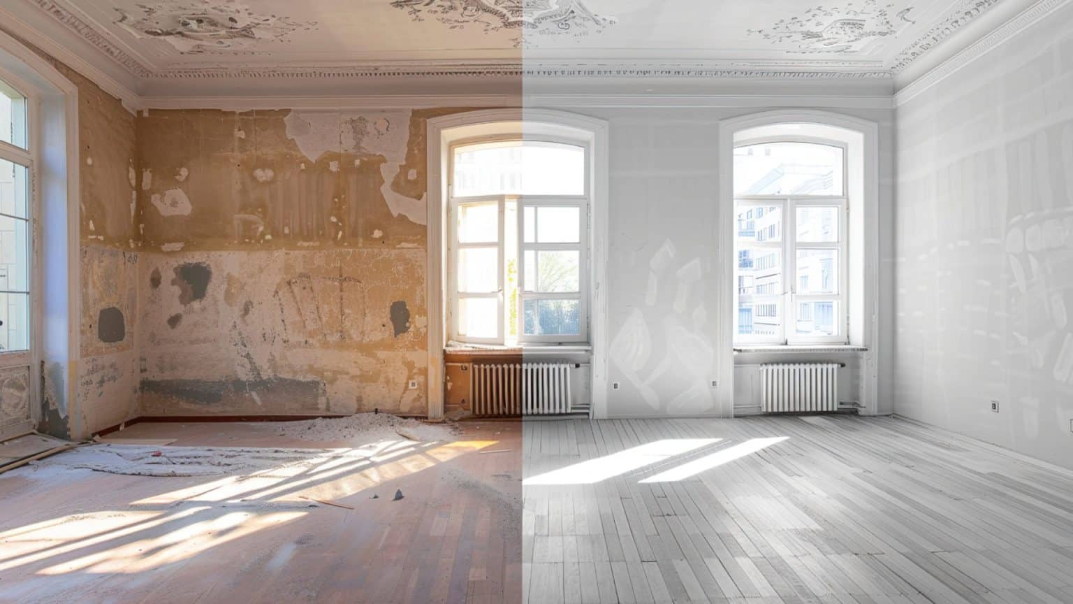 Före- och efterbild av en renovering av ett rum, där ena sidan visar sliten vägg och golv medan andra sidan visar nya väggar och ljusa trägolv.
